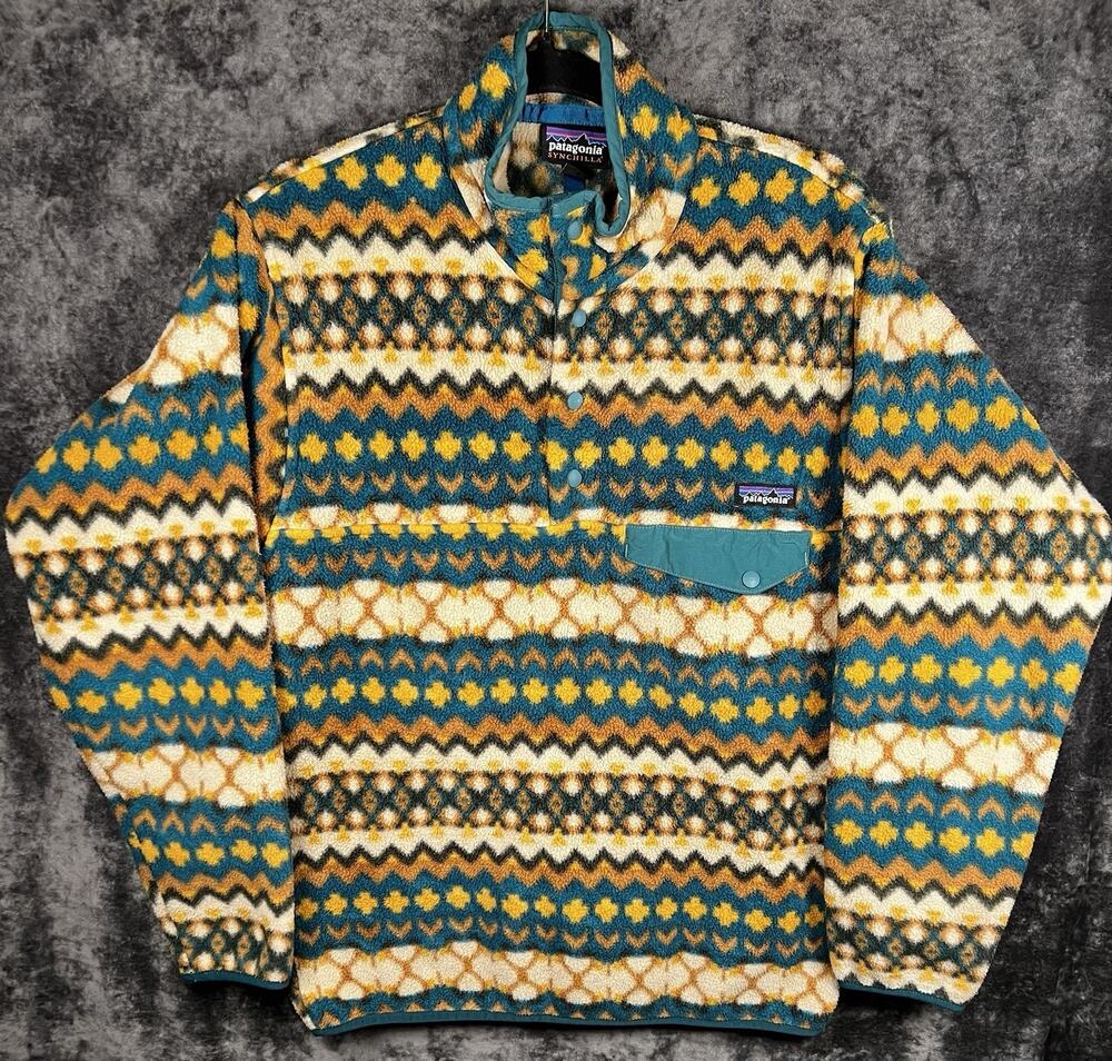 Patagonia Synchilla Cliff Arbor Green Mens Small Snap-T Fleece Pullover Print